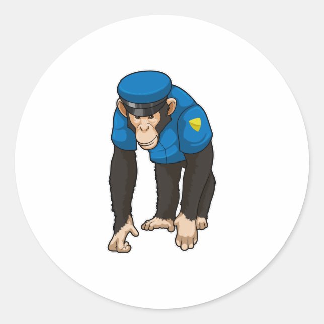Sticker Rond Singe comme policier avec Uniforme (Devant)