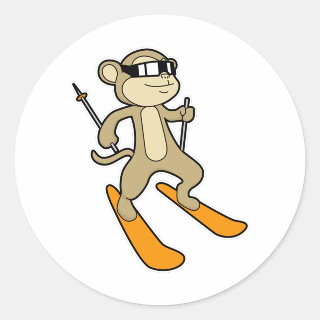Sticker Rond Singe comme skieur avec ski (Devant)