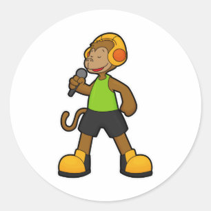 Sticker Rond Singe en chanteur avec microphone et casque
