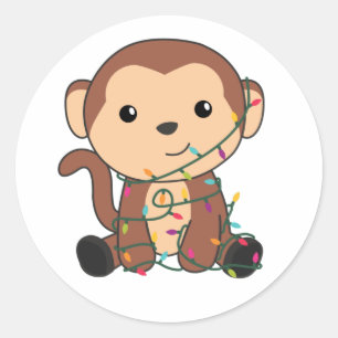 Sticker Rond Singe Noël Neige Hiver Animaux Singes