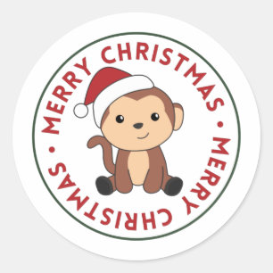 Sticker Rond Singe Noël Neige Hiver Animaux Singes Classe