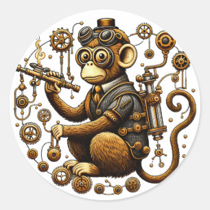 Sticker Rond Singe Steampunk avec Ray Gun