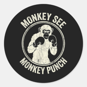 Sticker Rond Singe voit singe frappe Boxe vintage gorille