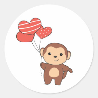 Sticker Rond Singes Mets Animaux Avec Balloons Coeurs Valentine