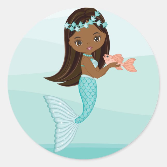 Sticker Rond Sirène afro-américaine avec Sticule rond de poisso (Devant)