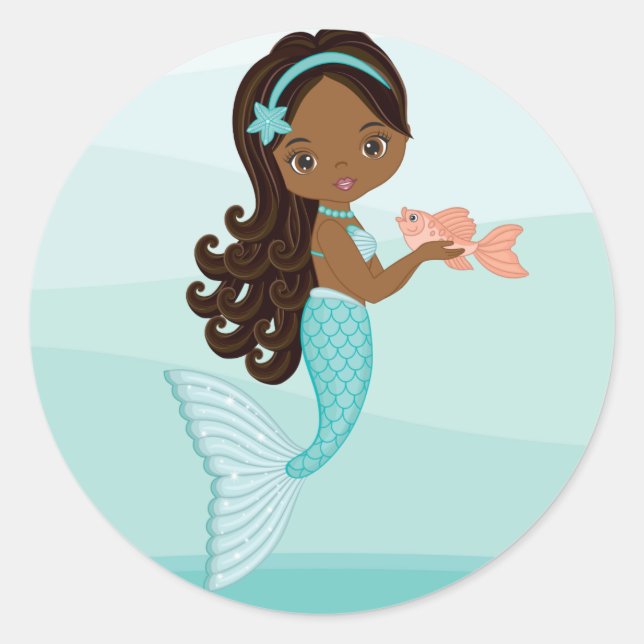 Sticker Rond Sirène afro-américaine avec Sticule rond de poisso (Devant)