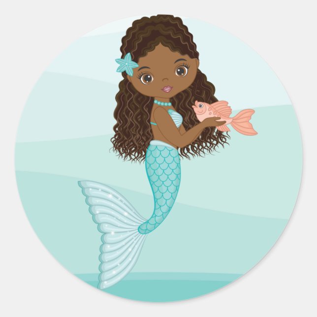 Sticker Rond Sirène afro-américaine avec Sticule rond de poisso (Devant)