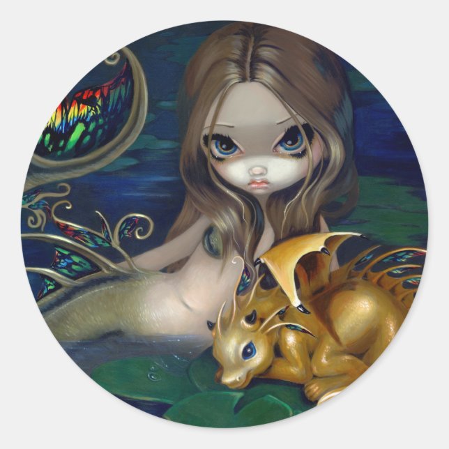 Sticker Rond "Sirène avec un dragon d'or" Stciker (Devant)
