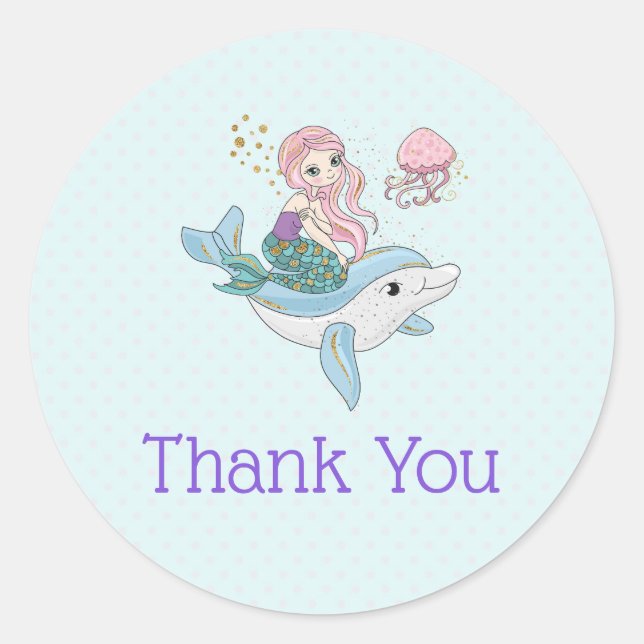 Sticker Rond Sirène chevauchant un dauphin sous le Merci marin (Devant)