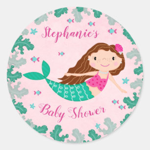 Sticker Rond Sirène de baby shower sous le rose de mer