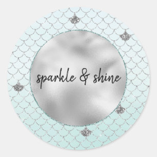 Sticker Rond Sirène de Parties scintillant en argent Mint Blue 