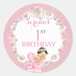 Sticker Rond Sirène endormie Bébé Fille Rose Coquillage Perles