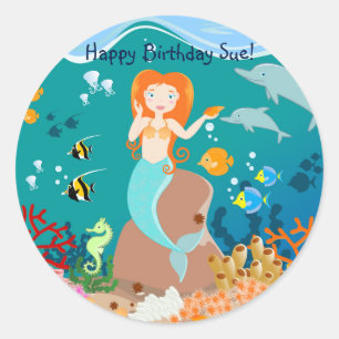 Sticker Rond Sirène et dauphins sous la mer fête d'anniversaire