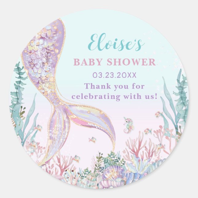 Sticker Rond Sirène éthérée sous le Baby shower marin (Devant)