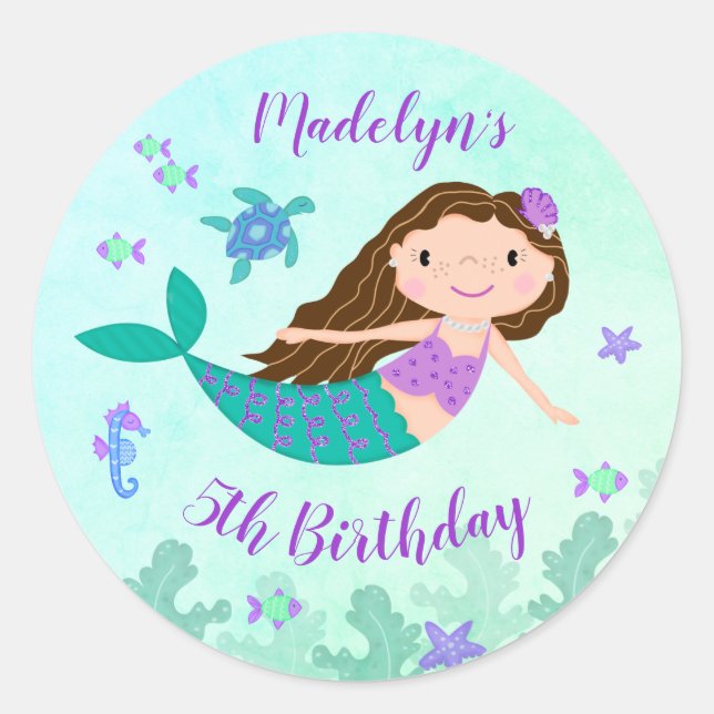 Sticker Rond Sirène pourpre sous la mer Anniversaire (Devant)