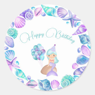 Sticker Rond Sirène Turquoise sous la mer Joyeux anniversaire