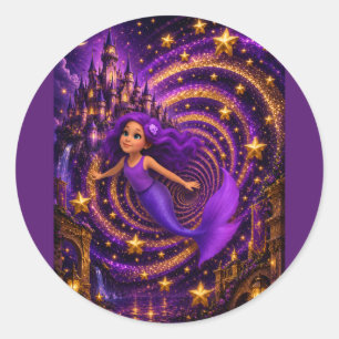 Sticker Rond Sirène Violette Étoile Spirale Château Fantastique
