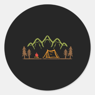Sticker Rond Site de camping tente arbres montagne minimaliste 