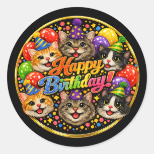 Sticker Rond Six chats vous souhaitent un joyeux anniversaire a