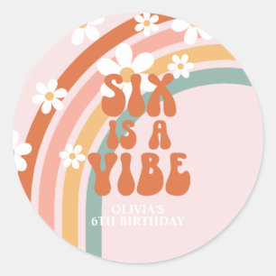 Sticker Rond Six est Vibe Retro arc-en-ciel 6e anniversaire