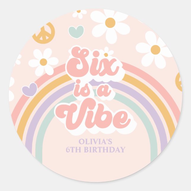 Sticker Rond Six est Vibe Retro Rainbow 6e anniversaire (Devant)