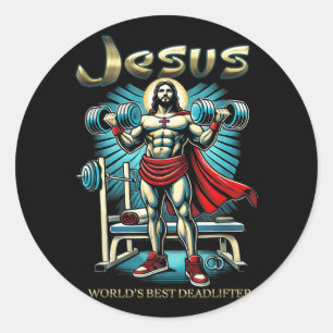 Sticker Rond Six Pack Jesus World Meilleur Deadlifter Christian