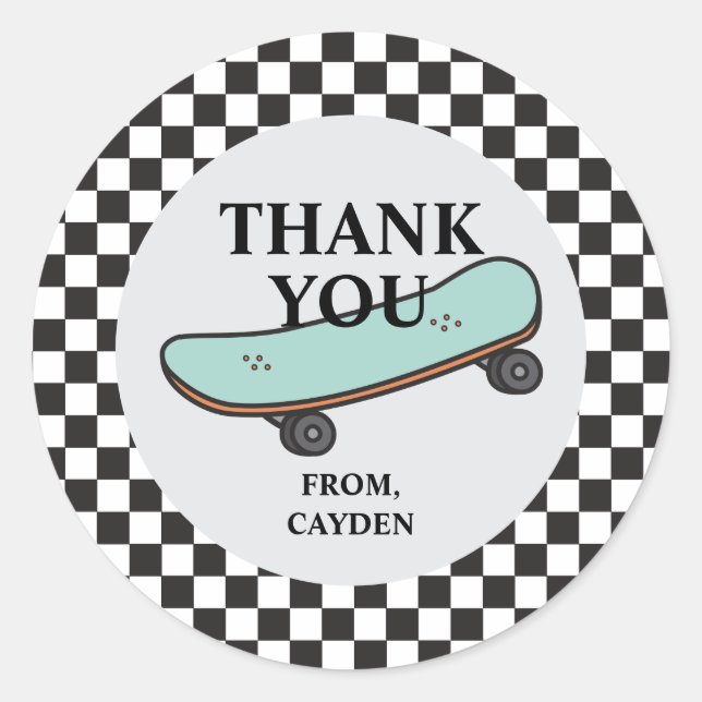 Sticker Rond Skateboard Let's Kick It Anniversaire Merci Favor (Devant)