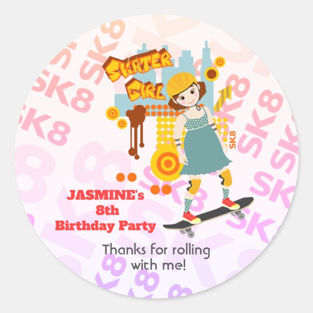 Sticker Rond Skater Park Fun Girl Birthday Party (Devant)