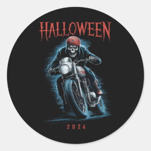 Sticker Rond Skeleton Biker Sur Moto Halloween 2024 Éffrayant