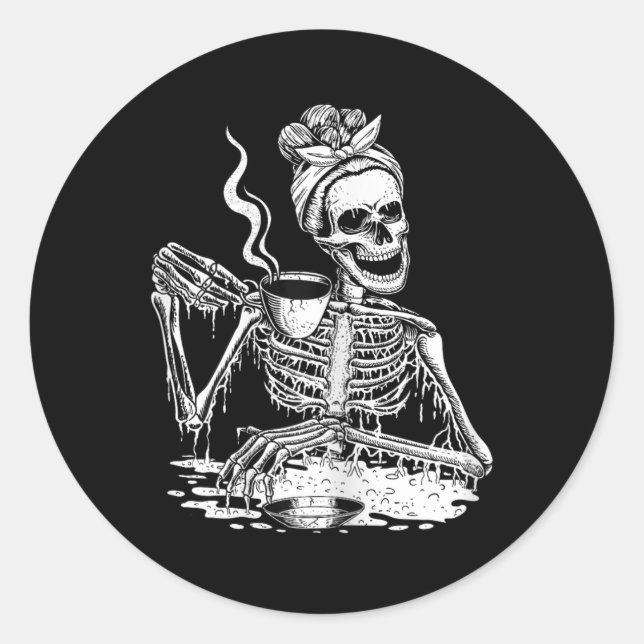 Sticker Rond Skeleton Boire Café Lazy et Easy Femmes Hallo (Devant)