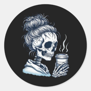 Sticker Rond Skeleton Boire Café Messy Bun Femmes Halloween