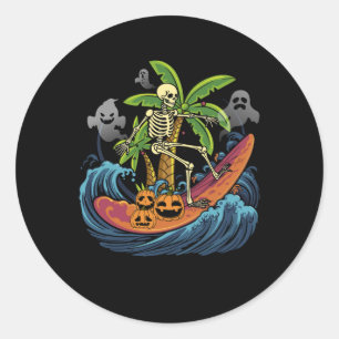 Sticker Rond Skeleton Citrouille Surf Halloween Hawaii Hawaii H