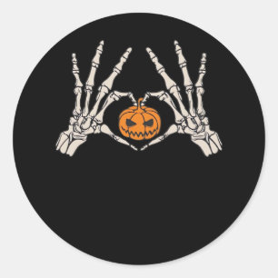 Sticker Rond Skeleton Coeur main et Citrouille Drôle Hondelle c