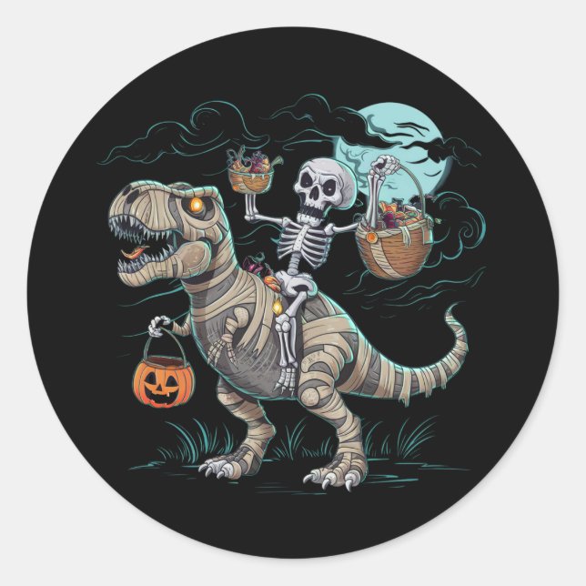 Sticker Rond Skeleton équitation Dinosaur T rex Halloween Citro (Devant)
