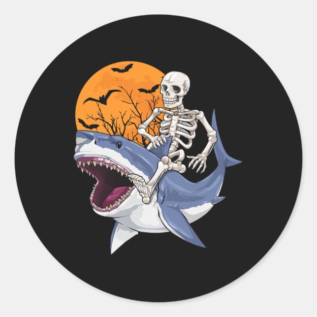 Sticker Rond Skeleton équitation Requin Drôle Halloween Costume (Devant)