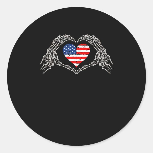 Sticker Rond Skeleton Hand Heart 4e Du Drapeau Américain Patrio (Devant)
