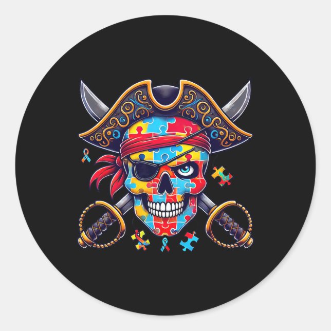 Sticker Rond Skeleton Pirate Crâne Halloween Hommes Femmes Enfa (Devant)