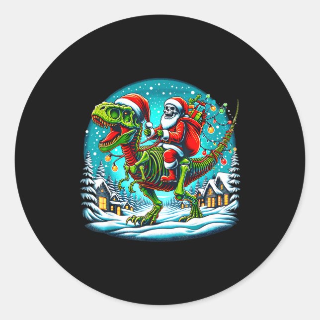 Sticker Rond Skeleton Santa Riding T Rex Dinosaur Funny Christm (Devant)