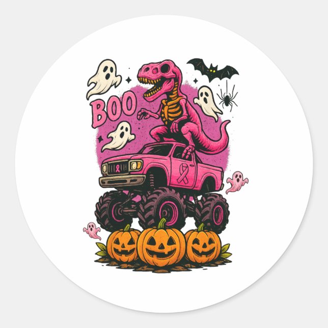 Sticker Rond Skeleton T Rex Dinosaur Monster Truck Citrouille B (Devant)