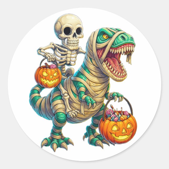 Sticker Rond Skeleton Whimsical équitation maman T-Rex Hallowee (Devant)