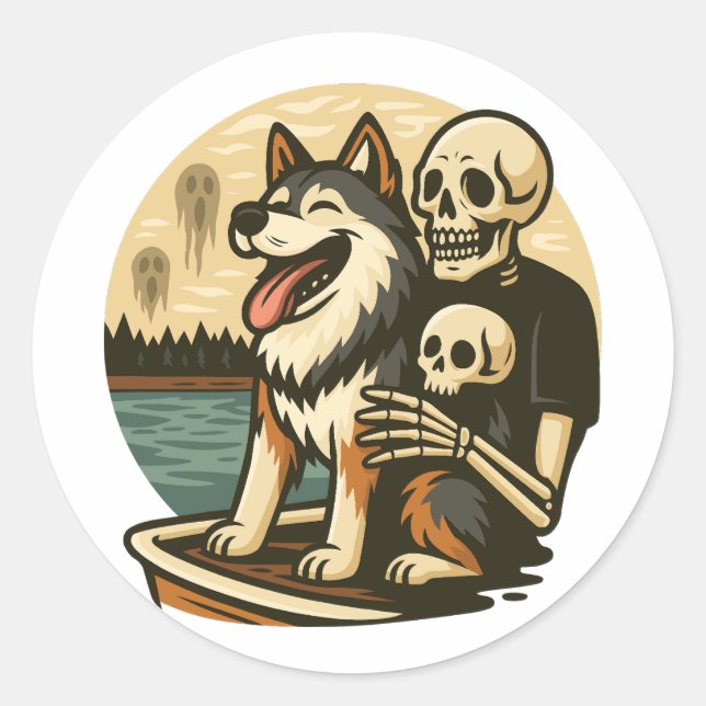 Sticker Rond Skeleton with Dog on Haunted Lake Horror Art (Devant)