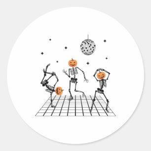 Sticker Rond Skeletts Avec Têtes Citrouilles Dansant Et Disco B