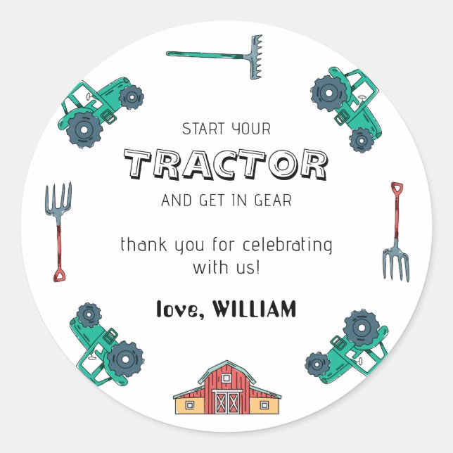 Sticker Rond Sketchy Green Tractor Farm Boy Anniversaire Sticke (Devant)