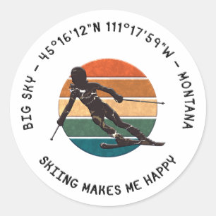 Sticker Rond Ski Big Sky, Montana - Femme Skier, Texte noir