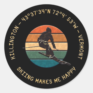 Sticker Rond Ski Killington, Vermont - Man Skier, Texte Jaune
