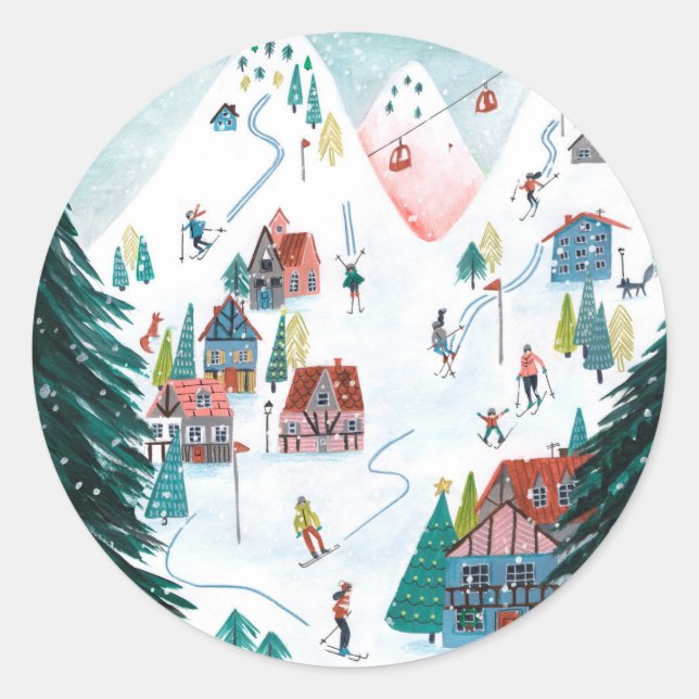Sticker Rond Ski lodge nordique patinage Noël (Devant)