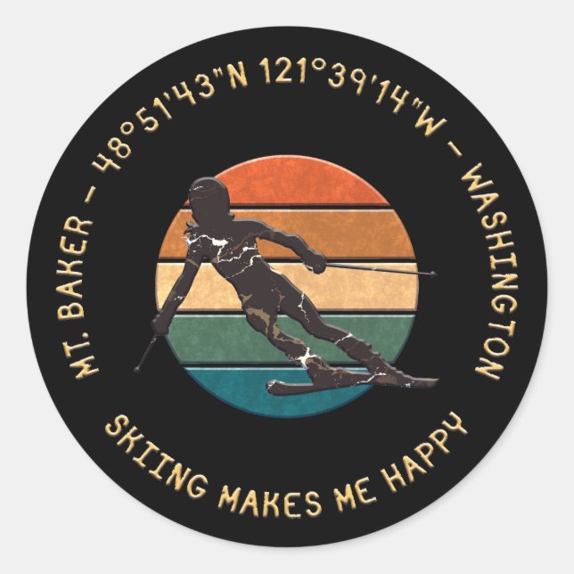 Sticker Rond Ski Mt. Baker, Washington - Lady Skier Texte Jaune (Devant)