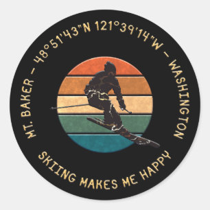 Sticker Rond Ski Mt. Baker, Washington - Man Skier, Texte Jaune