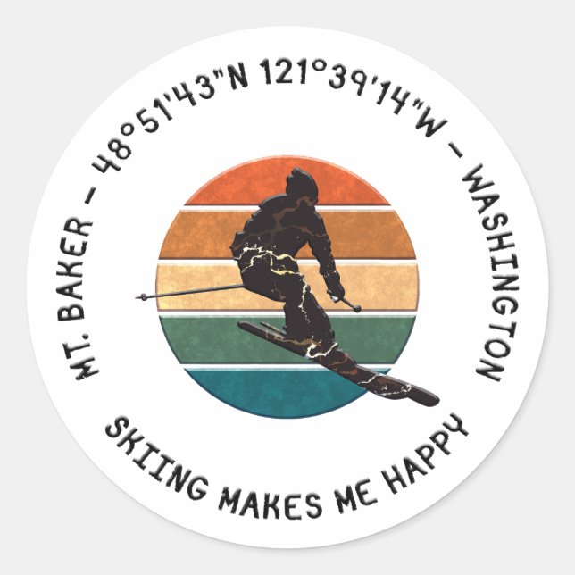 Sticker Rond Ski Mt. Baker, Washington - Man Skier, Texte noir (Devant)