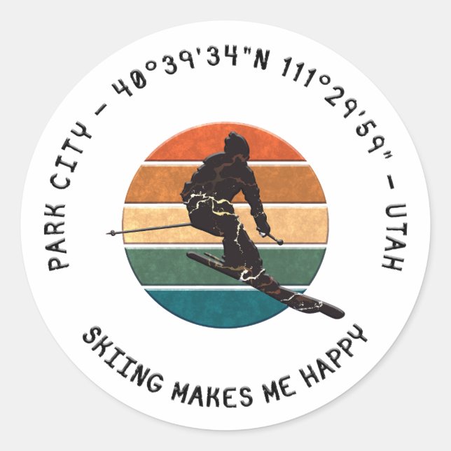 Sticker Rond Ski Park City, Utah - Man Skier, Texte noir (Devant)